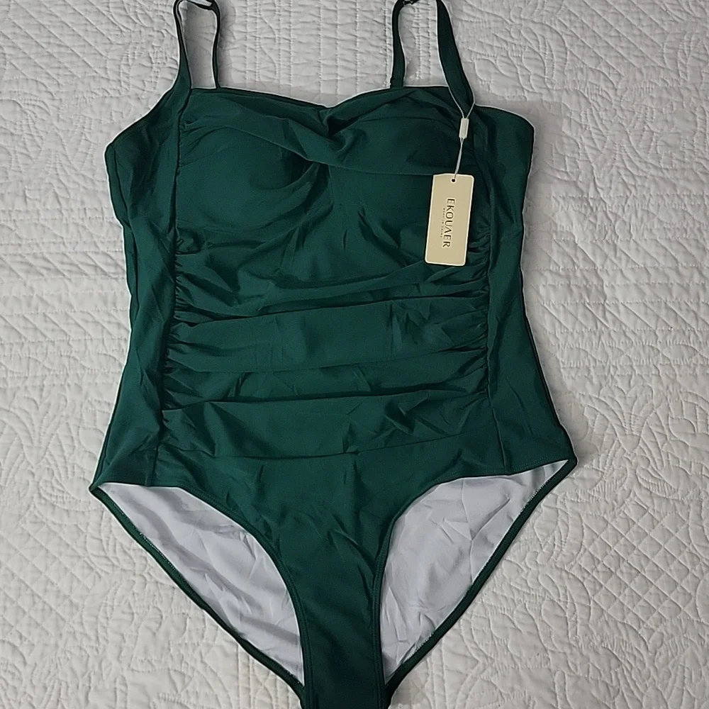 Emerald Green Rouche Tummy Control Retro Push-up One-Piece Swimsuit Plus XXL - Picture 1 of 13